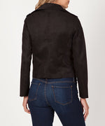 Jacee Draped Faux Suede Moto Jacket (Black) Hover Image