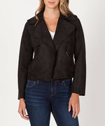 Jacee Draped Faux Suede Moto Jacket (Black) Main Image