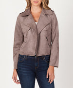 Jacee Draped Faux Suede Moto Jacket (Buff) Main Image