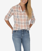 Belle Button Down Plaid Top (Blush/White) Main Image